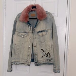 Zara Denim Jacket with Pink Faux Fur Collar